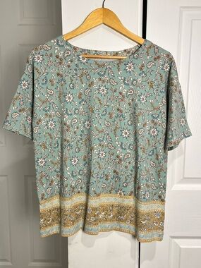 J. Jill Luxe Supima Elbow Sleeve Tee Womens PM Teal Floral Paisley Summer Boho